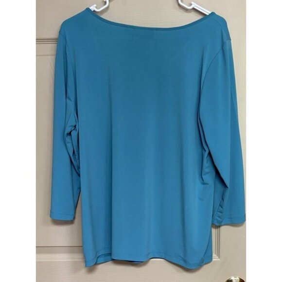 Bob Mackie Wearable Art Large Turquoise 3/4 Sleeve Shirt Blouse - Picture 2 of 3